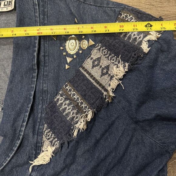 Vintage 90s Denim Aztec Jacket Sz14 Southwest Embroidered 90s fringe embellished - Picture 7 of 11